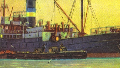 The diminutive ship seen with a lighter alongside.