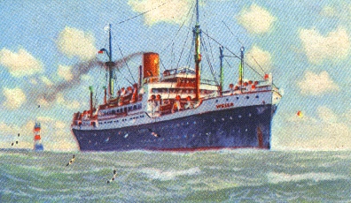 SS WESER heading out to sea, with lighthouse visible astern